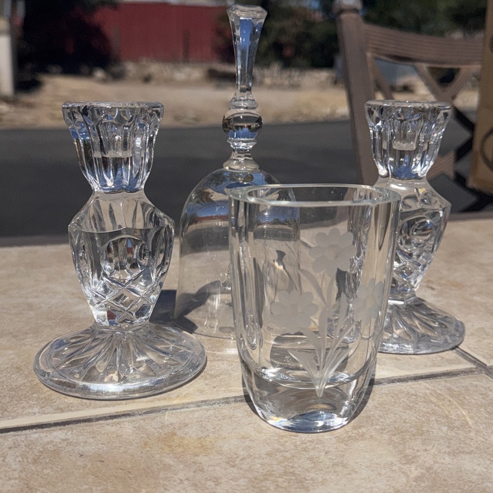 Vintage Crystal Lot Of 4 Candle Sticks, Vase & Bell Clear Glass Etched Heavy